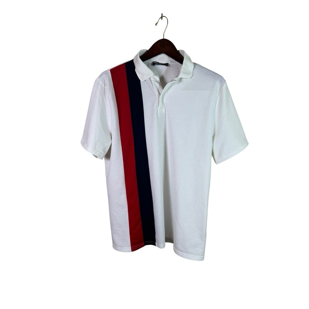 Paul Jones Men's Medium Polo‎ Striped White Short Sleeve Polyester Spandex